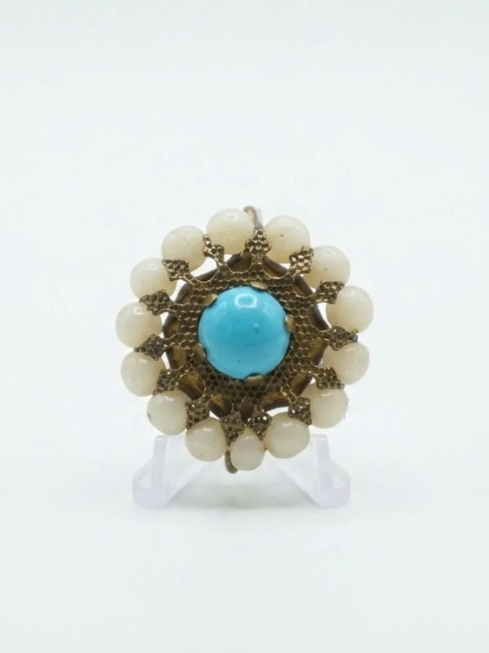 Vintage 1950s Gold-Tone Filigree Statement Brooch Blue Cabochon & White Bead Cir